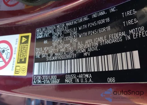 2016 Toyota Highlander Xle V6 from USA, damaged, VIN 5TDJKRFH2GS289731